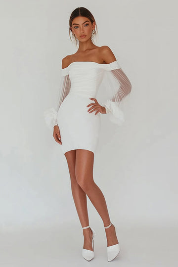 White Off the Shoulder Ruched Long Sleeve Graduation Dress
